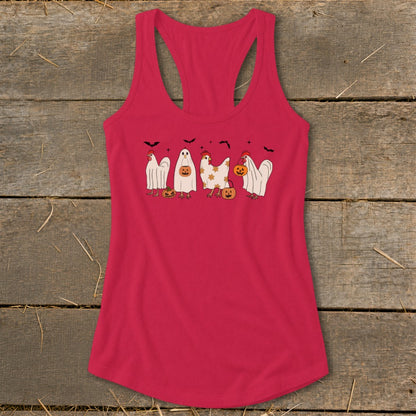 Pink tank top with a Halloween-themed graphic featuring "MAWM" in chickens dressed as ghosts and pumpkins.