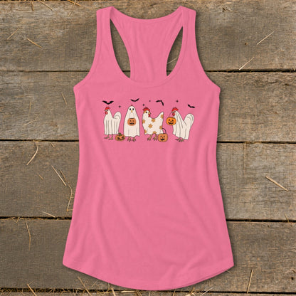 Pink tank top with Halloween chickens dressed as ghosts holding pumpkins.