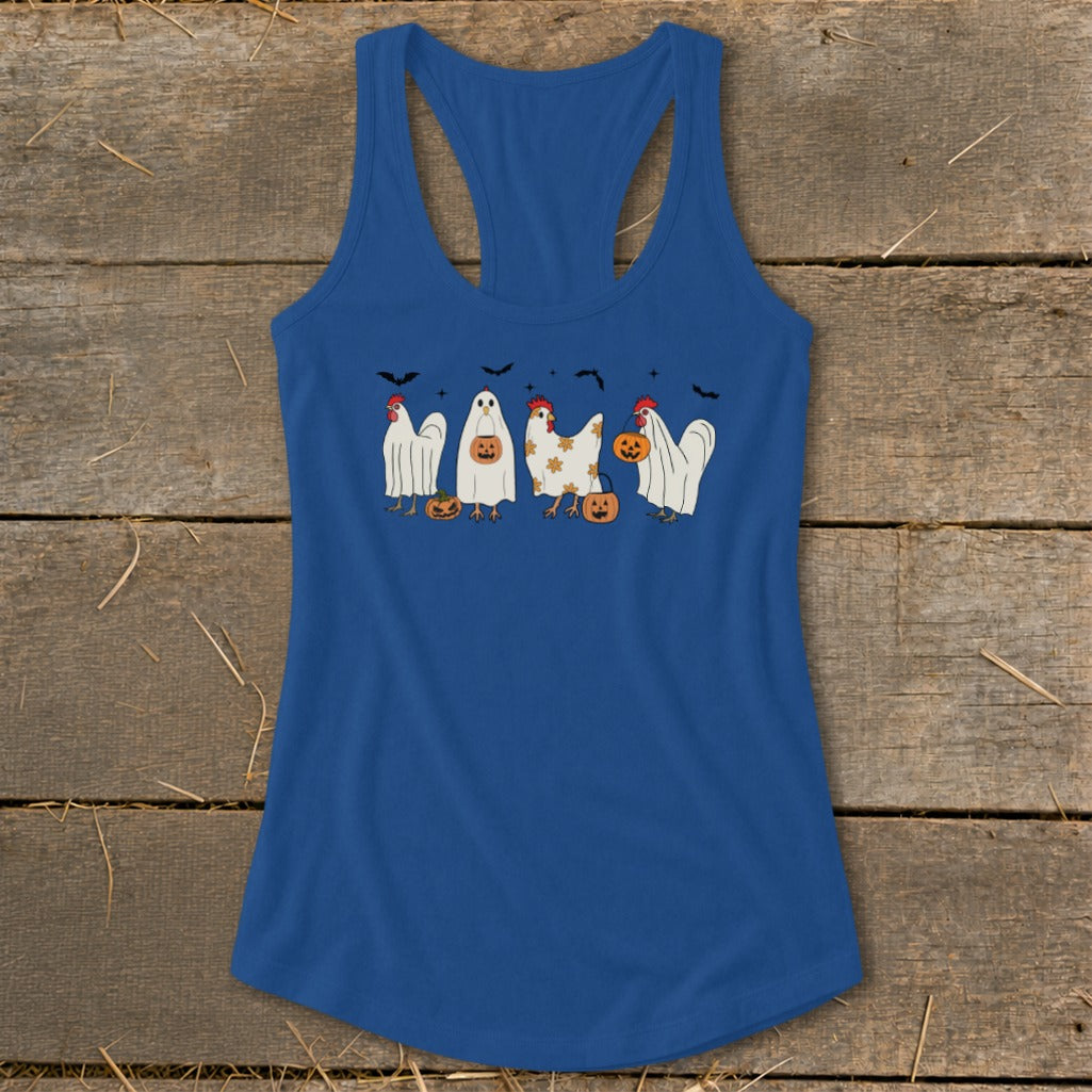 Blue tank top with ghosts and chickens trick-or-treating with pumpkins.