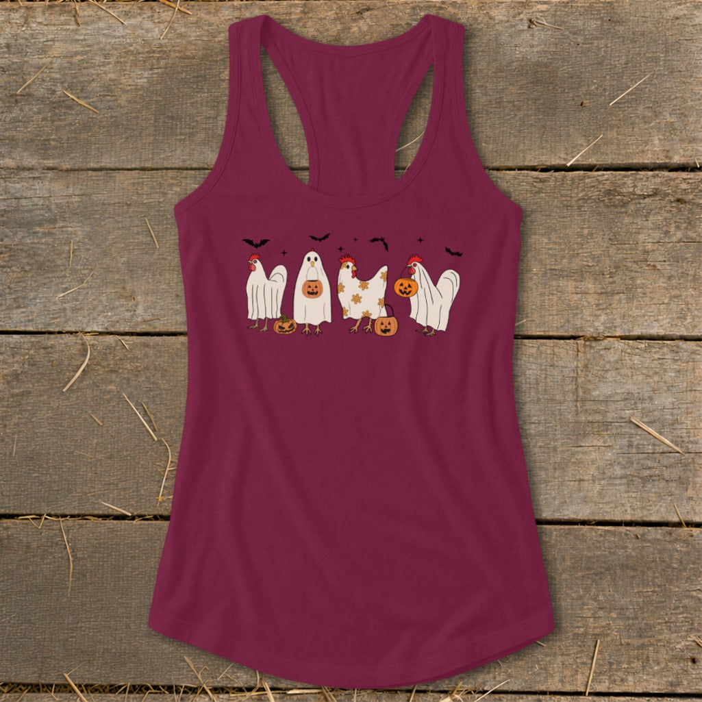 Burgundy tank top with Halloween chickens in ghost costumes and pumpkins.