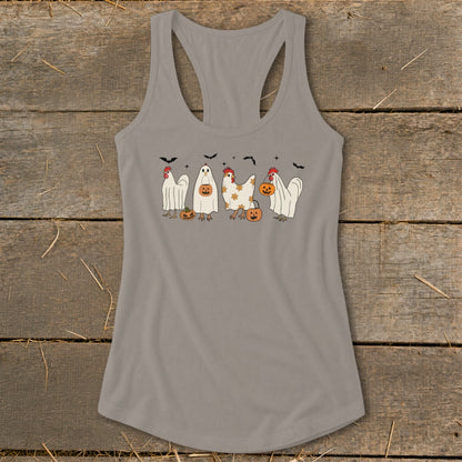 Grey tank top with Halloween chickens dressed as ghosts carrying pumpkins.