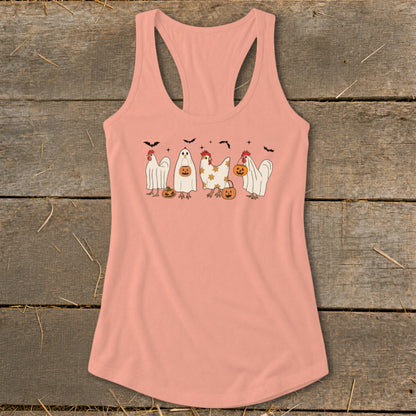 Coral tank top with a Halloween-themed graphic of chickens dressed as ghosts and holding pumpkins.