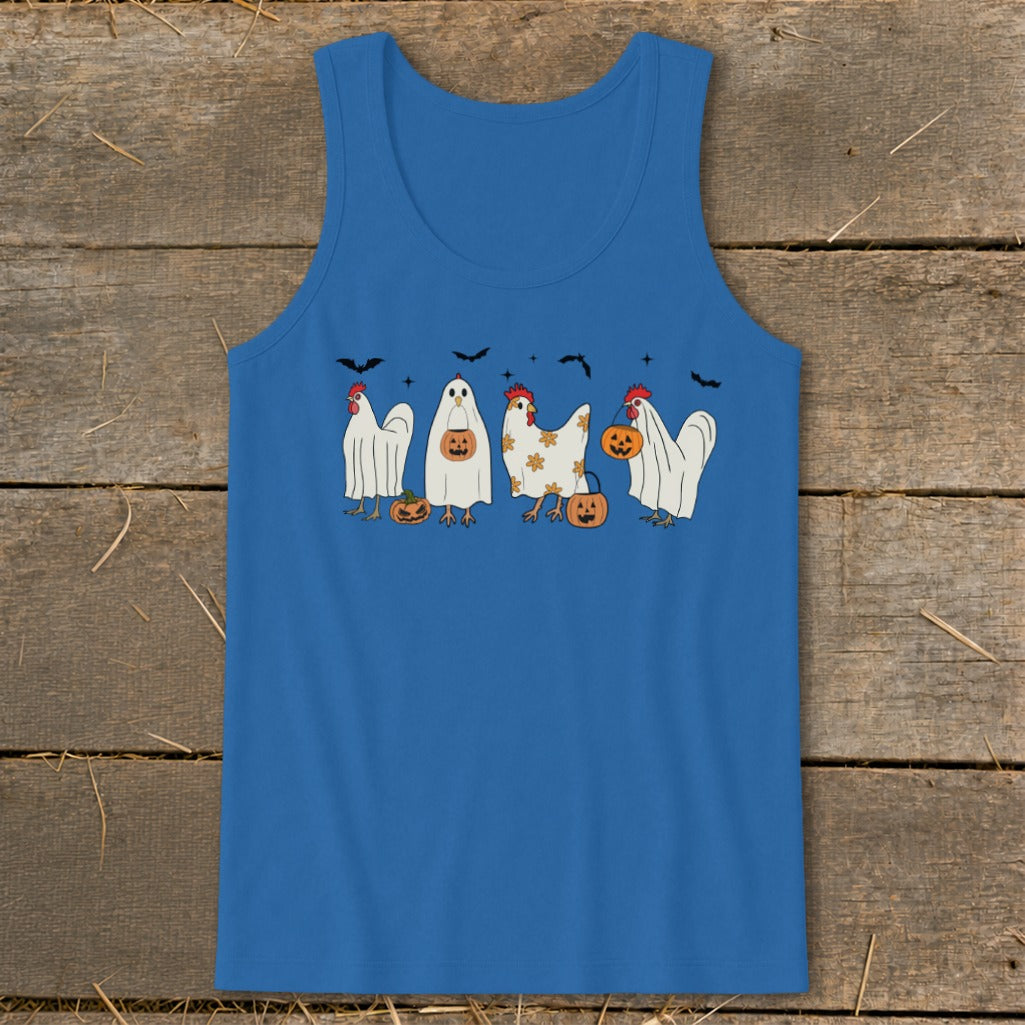 Blue tank top with illustration of chickens dressed as ghosts holding pumpkins.