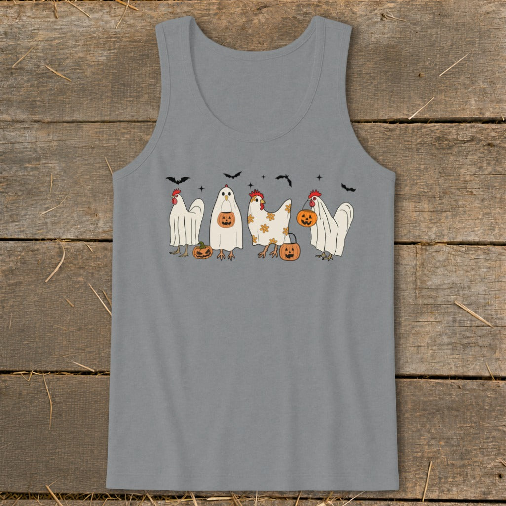 Lineup of chickens in ghost costumes with pumpkins and bats for Halloween.
