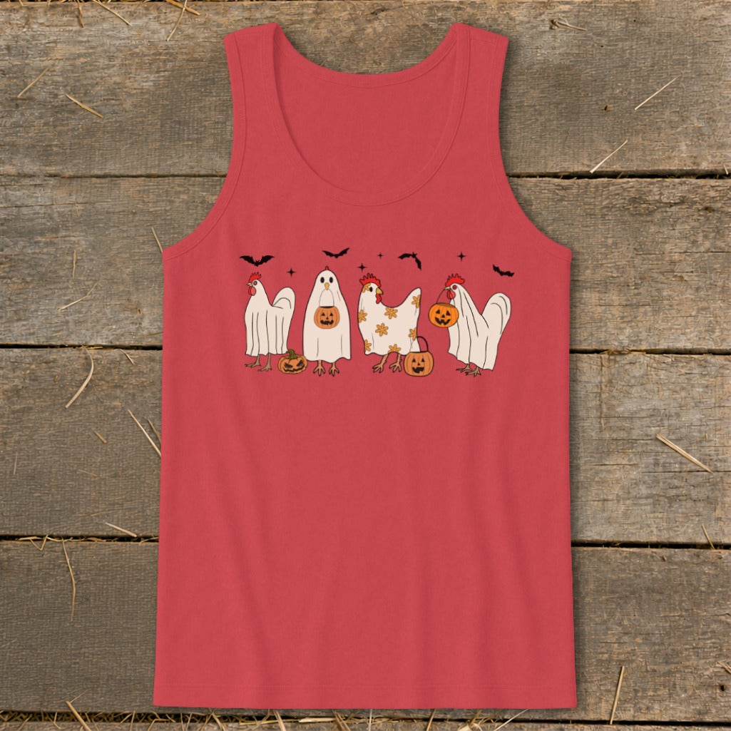 Halloween chickens in ghost costumes holding pumpkins and bats graphic on a red tank top.