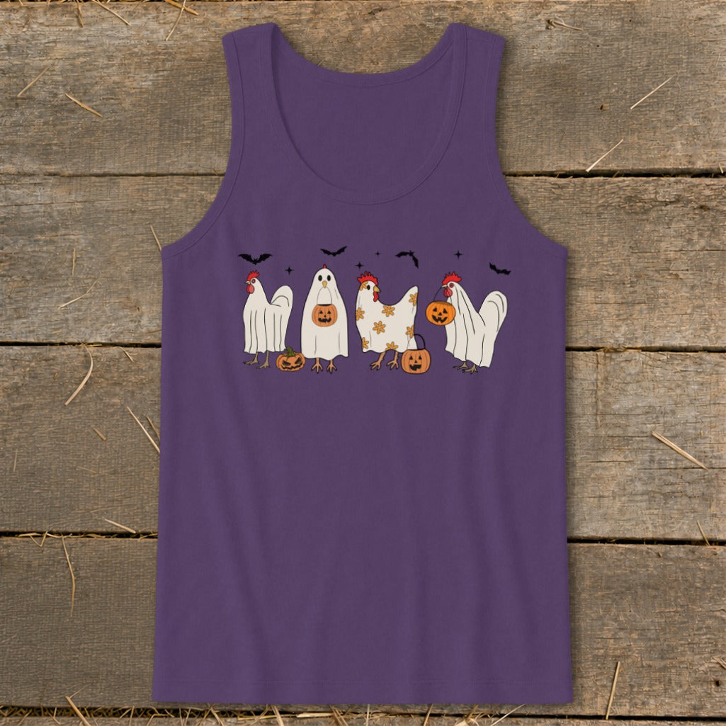 Halloween chickens in ghost costumes with pumpkins and bats graphic on purple tank top.