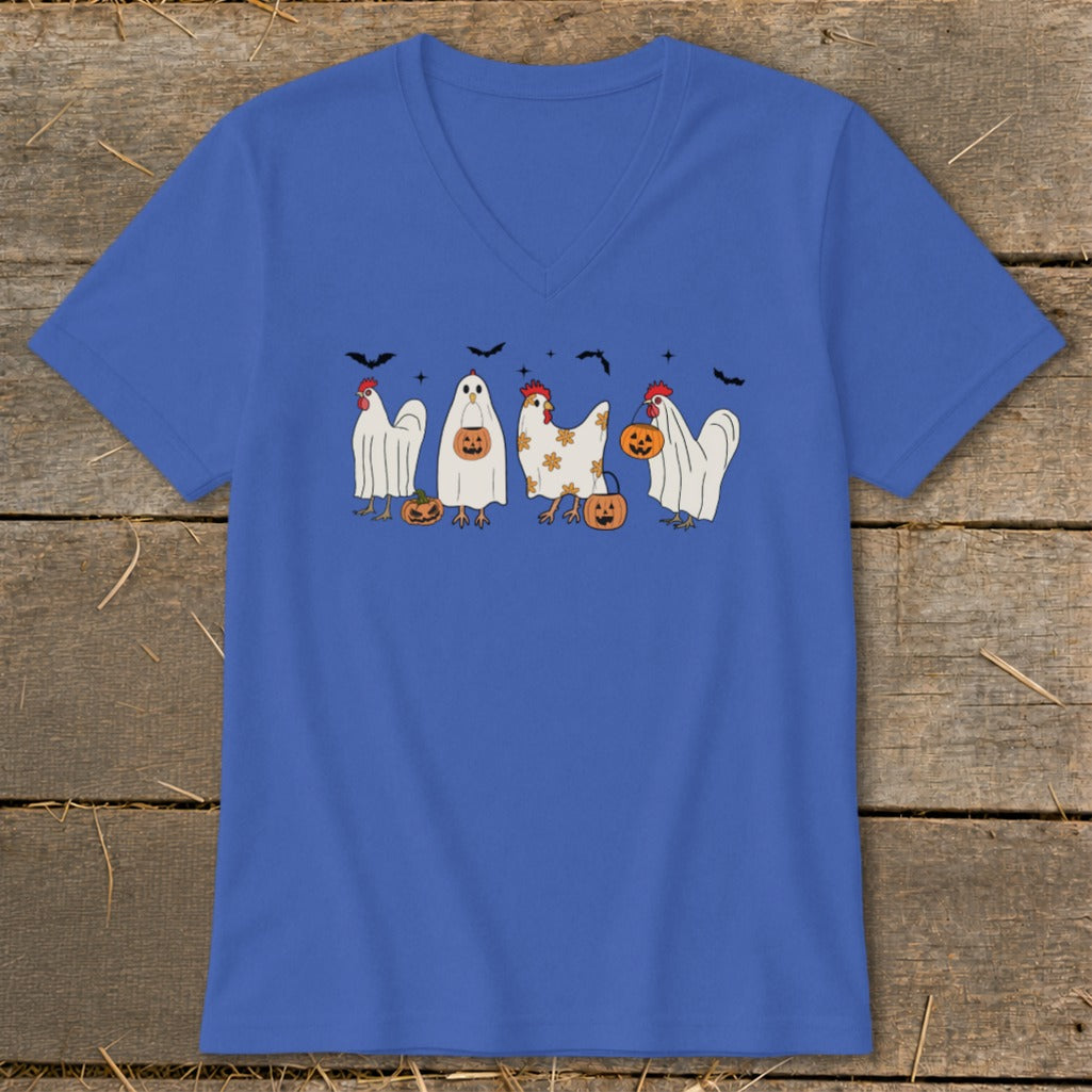 Blue t-shirt with a Halloween chicken graphic wearing ghost costumes.