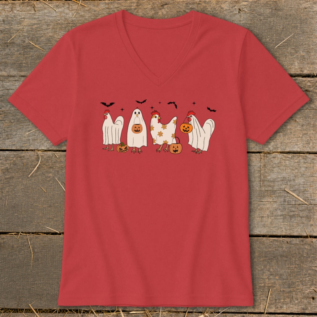 Red v-neck t-shirt with cartoon chickens in ghost costumes for Halloween.