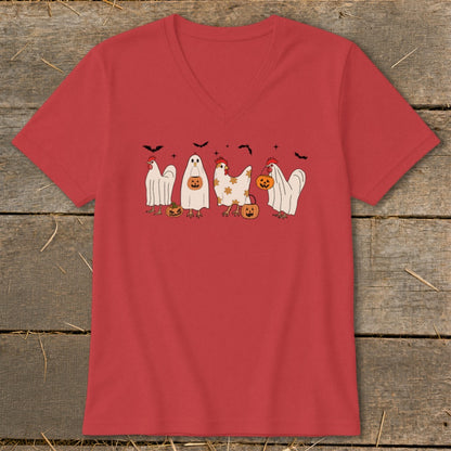 Red v-neck t-shirt with cartoon chickens in ghost costumes for Halloween.