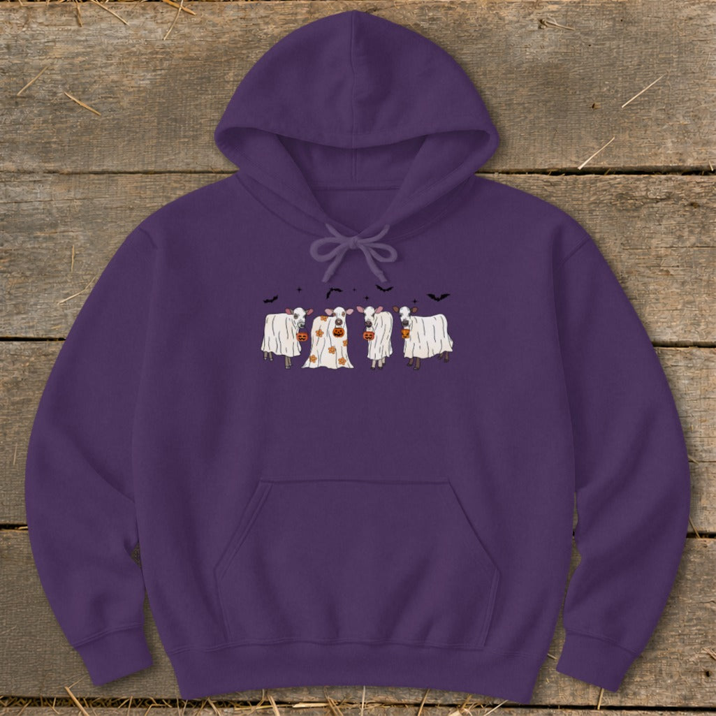 Purple hoodie with ghost cows and pumpkins Halloween graphic design.