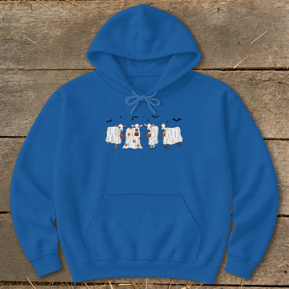 Blue hoodie with cartoon cows dressed in ghost costumes for Halloween.