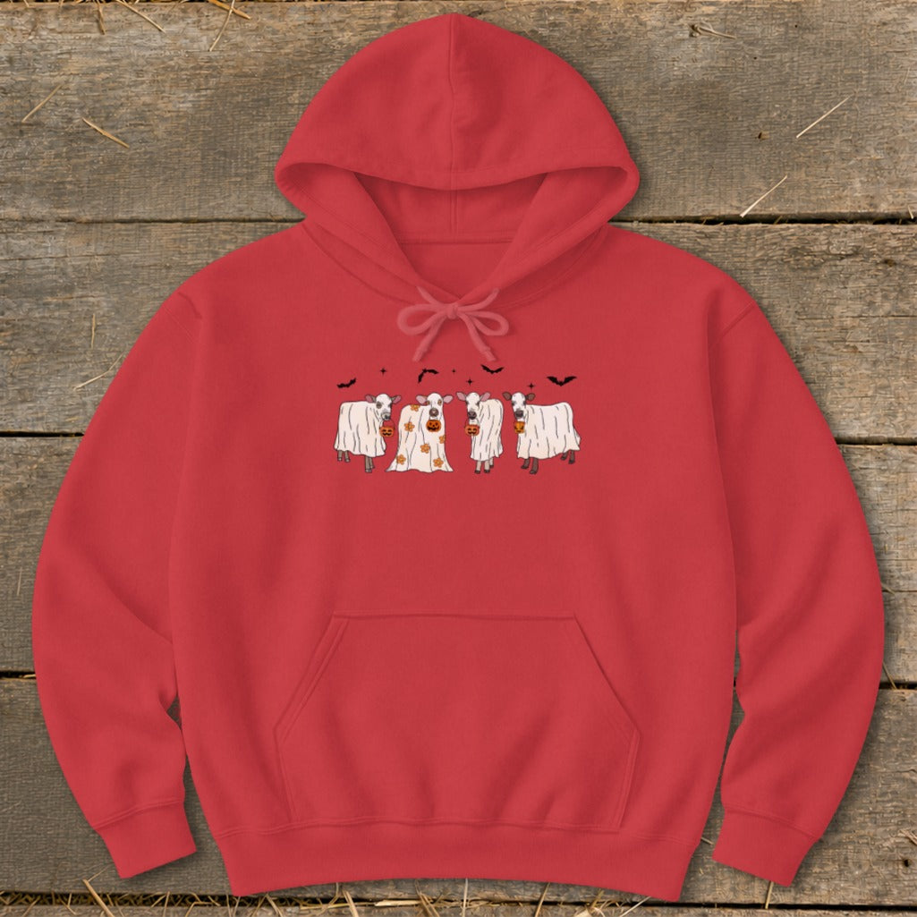 Red hoodie with four cows dressed as ghosts and pumpkins for Halloween.