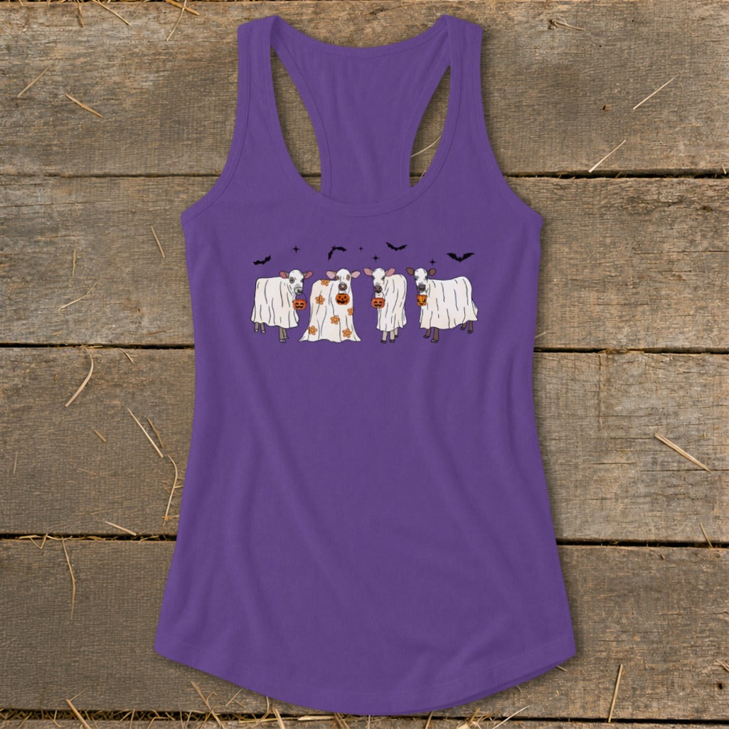 Purple tank top with four cows dressed as ghosts for Halloween.