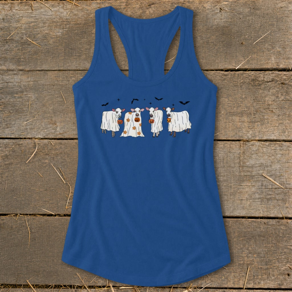 Blue tank top with four cows dressed as ghosts holding pumpkins and bats.