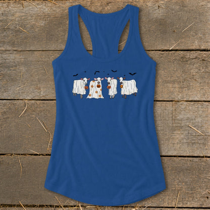 Blue tank top with four cows dressed as ghosts holding pumpkins and bats.