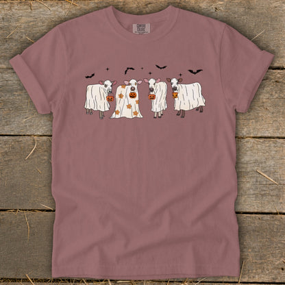 Four cows in ghost costumes with pumpkins, bats, and stars.