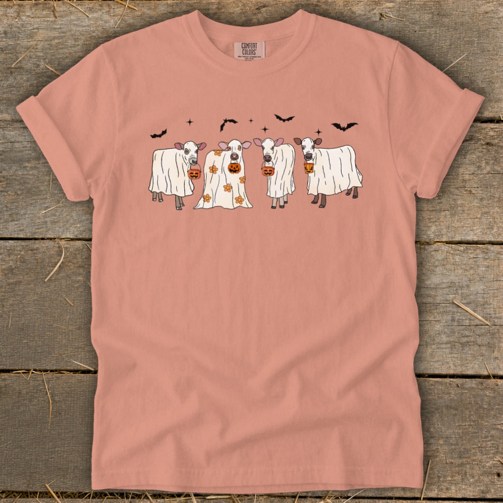 Four cows in ghost costumes with pumpkins for Halloween, on a peach t-shirt.