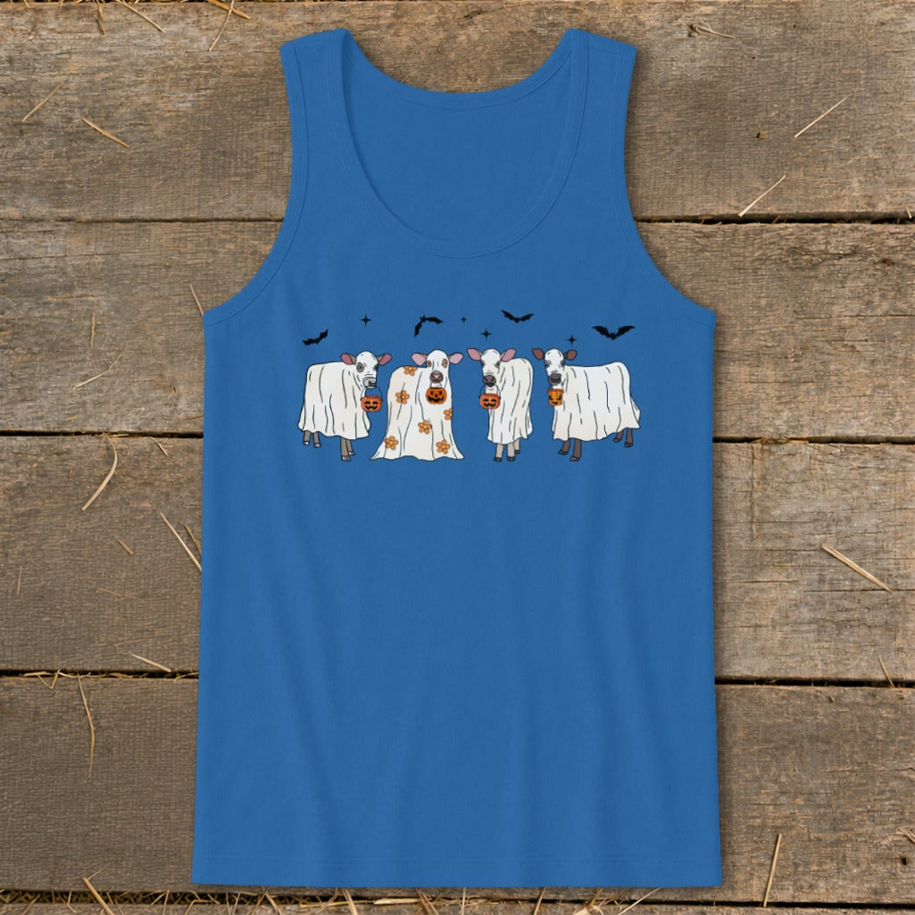 Four cows in ghost costumes with pumpkins on a blue tank top.