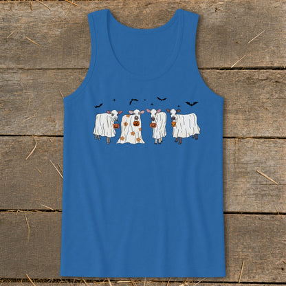 Four cows in ghost costumes with pumpkins on a blue tank top.