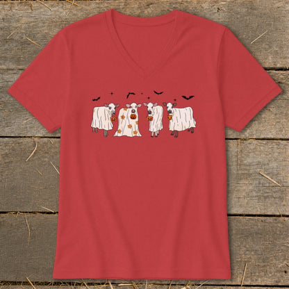 Four cows dressed as ghosts hold pumpkins on a red v-neck t-shirt.