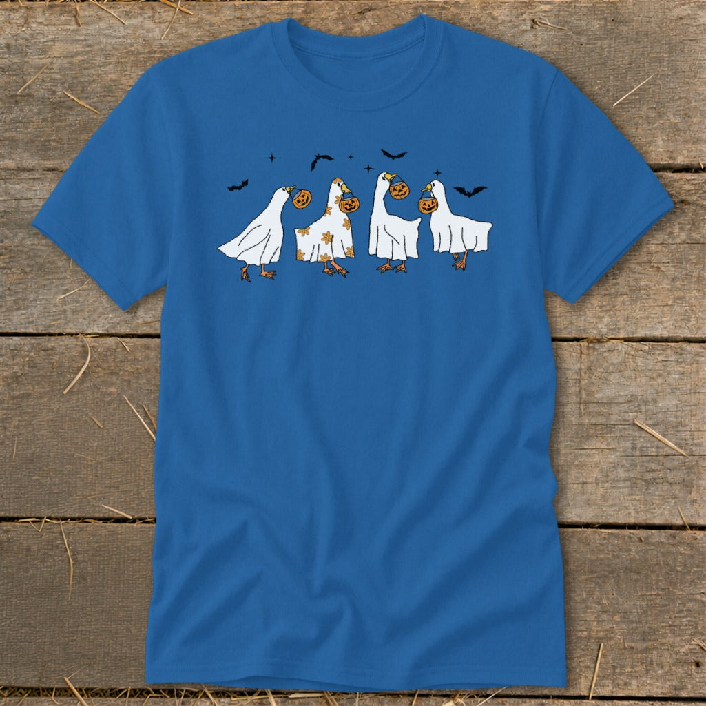Blue t-shirt with four geese in ghost costumes holding pumpkins and bats above.