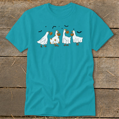 Four white geese in ghost costumes holding pumpkins, with bats above.