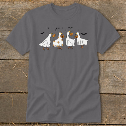 Four geese in ghost costumes carrying pumpkins, with bats in the background.