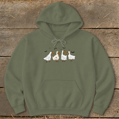 Olive green hoodie with a Halloween-themed graphic of four ducks in ghost costumes holding pumpkins.