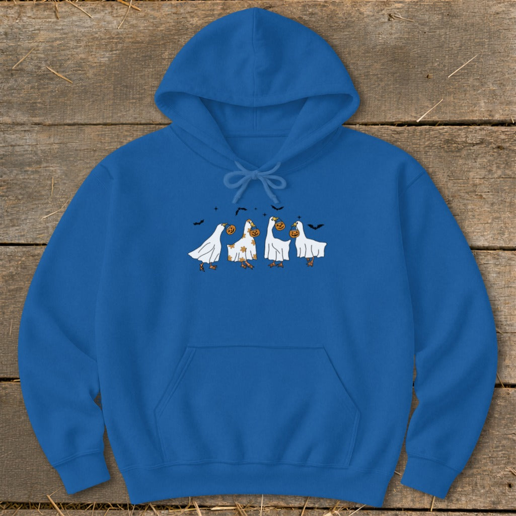 Blue hoodie with a Halloween-themed graphic of geese dressed as ghosts holding pumpkins.