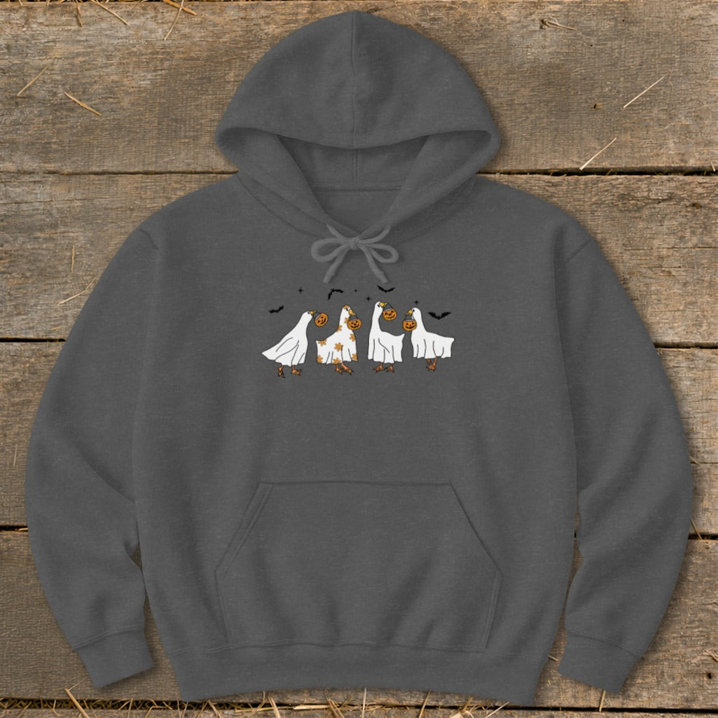 Dark gray hoodie with a Halloween-themed graphic of geese in ghost costumes holding pumpkins.
