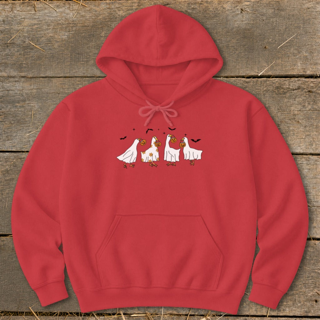 Red hoodie with a Halloween graphic of geese dressed as ghosts holding pumpkins.