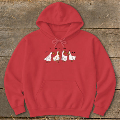 Red hoodie with a Halloween graphic of geese dressed as ghosts holding pumpkins.