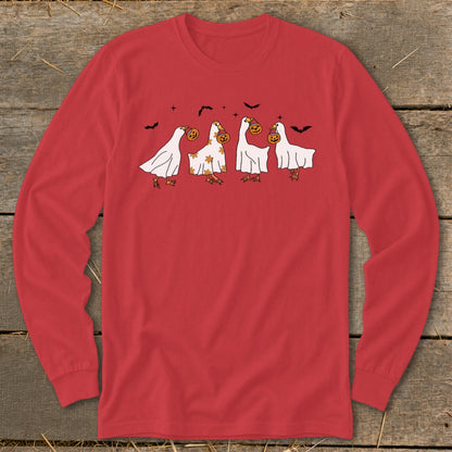 Red long-sleeve shirt with four cartoon geese in ghost costumes and carrying pumpkins.