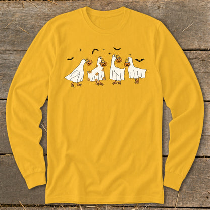 Yellow long sleeve shirt with four geese dressed as ghosts holding pumpkins.