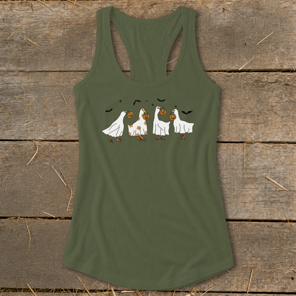 Green tank top with four cartoon geese dressed as ghosts holding pumpkins.