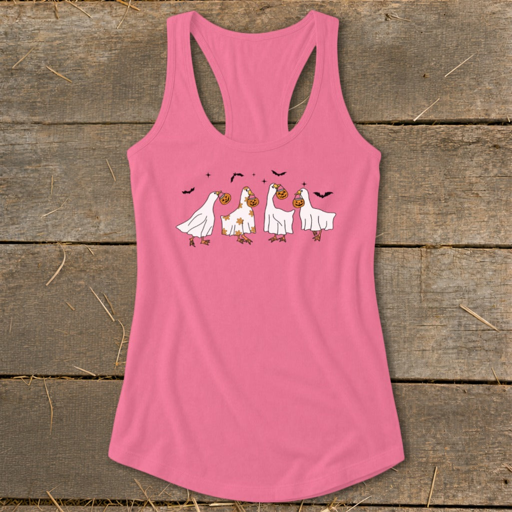 Pink tank top with a Halloween-themed graphic of four ghosts carrying pumpkins and bats above.