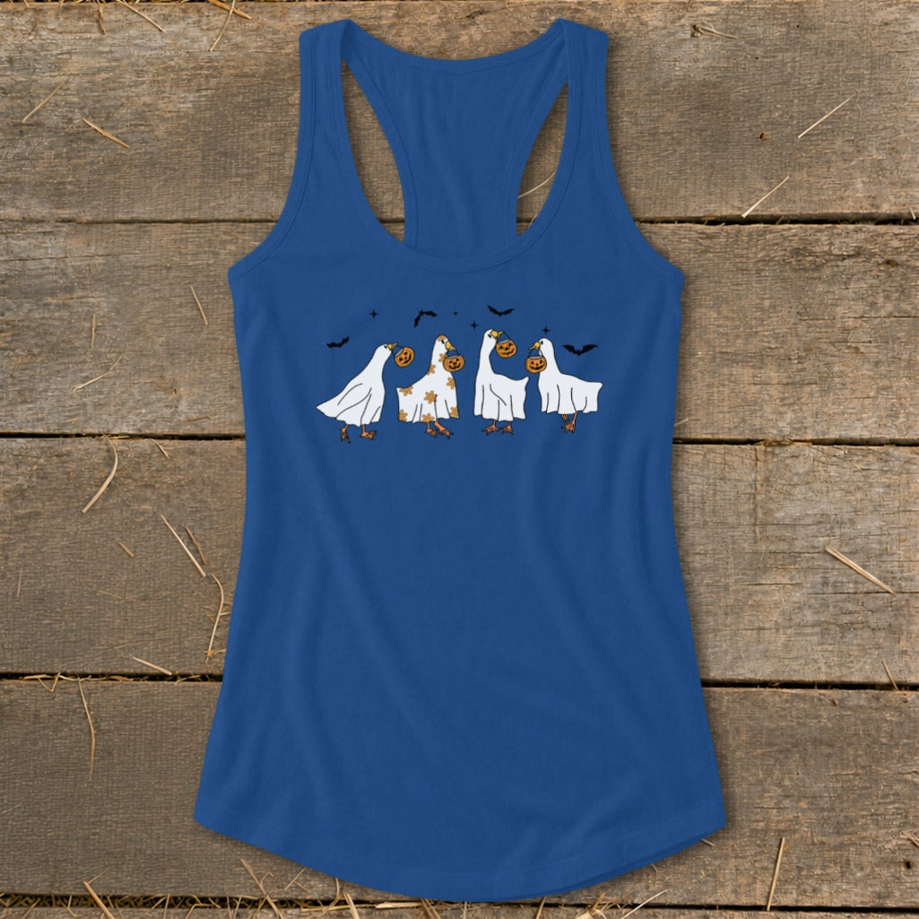 Blue tank top with cartoon ghosts holding pumpkins and bats.