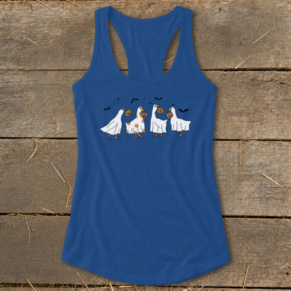 Blue tank top with cartoon ghosts holding pumpkins and bats.