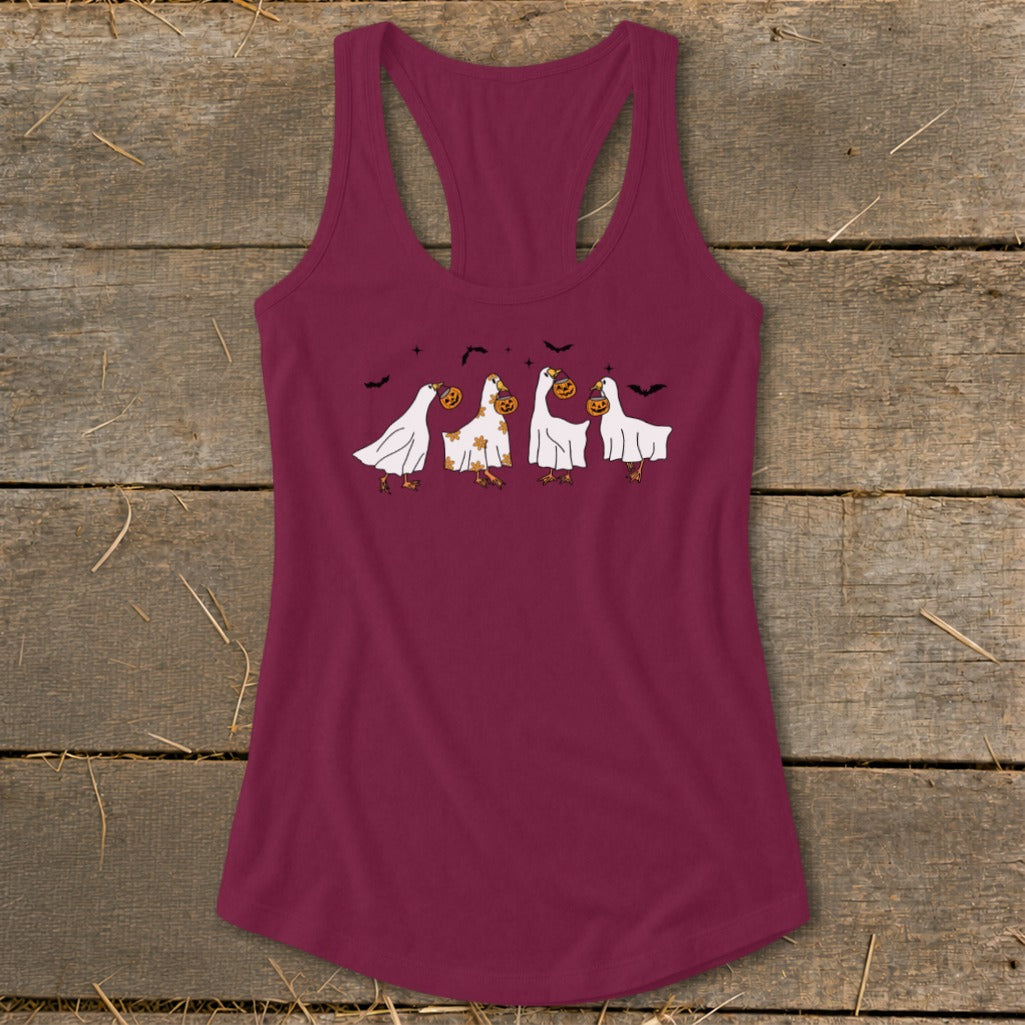Maroon tank top with four cartoon geese in ghost costumes carrying pumpkins.