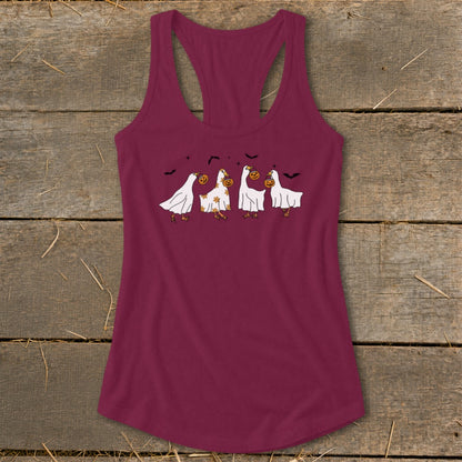 Maroon tank top with four cartoon geese in ghost costumes carrying pumpkins.