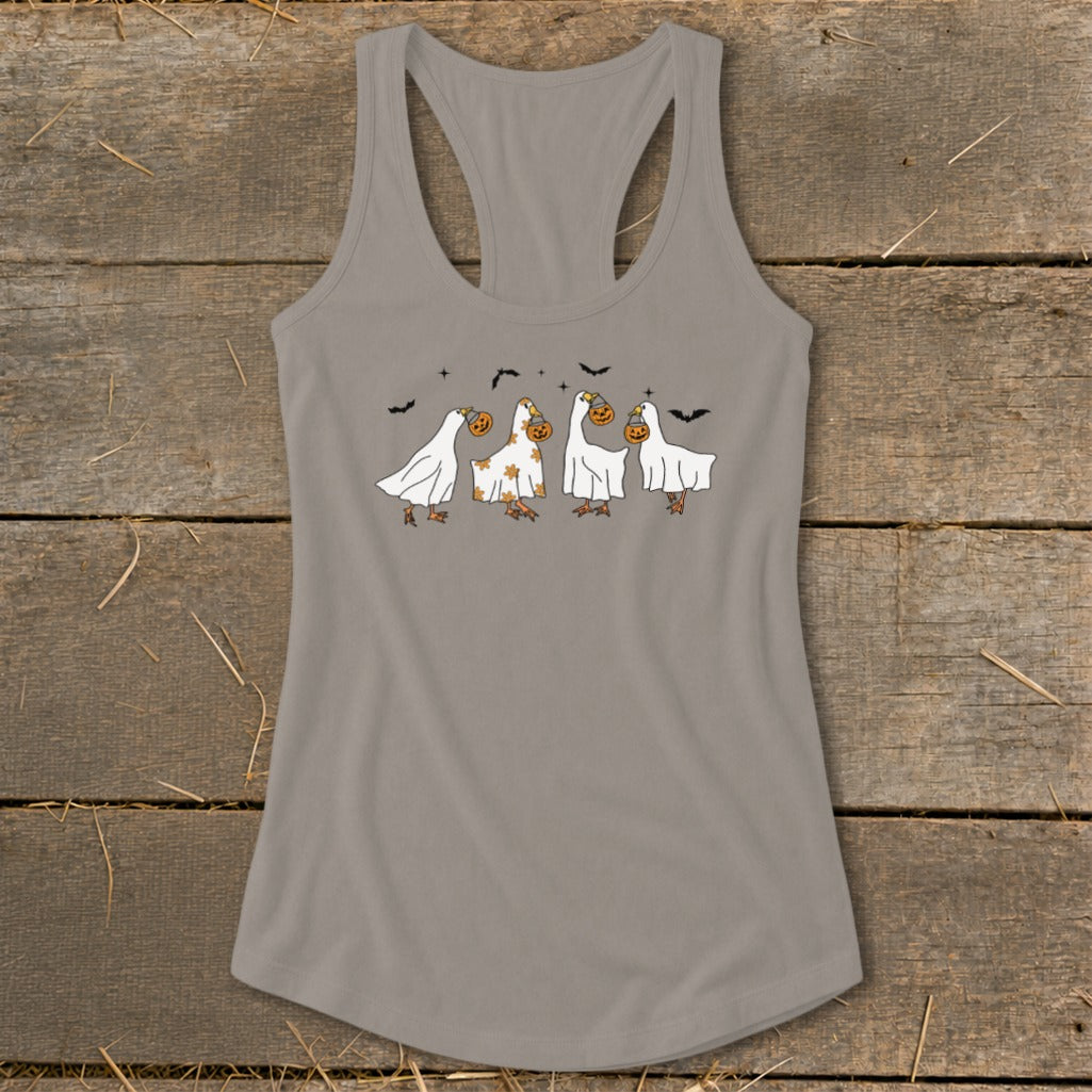 Grey tank top with four cartoon geese in ghost costumes holding pumpkins.