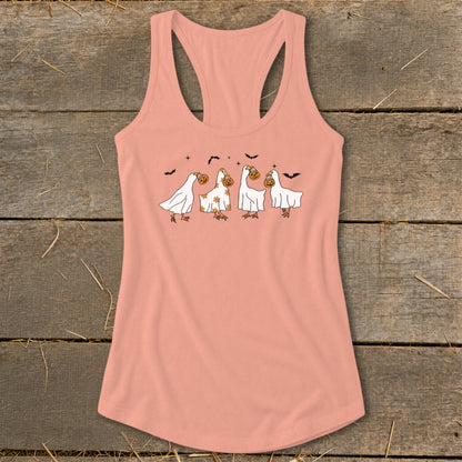 Peach tank top with a graphic of four birds dressed as ghosts carrying pumpkins.