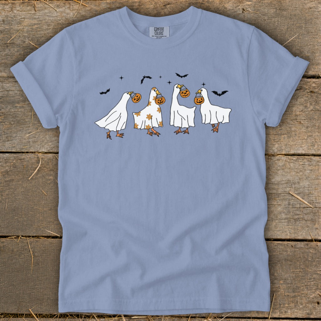 Ghosts with pumpkins on a light blue t-shirt with bats above.