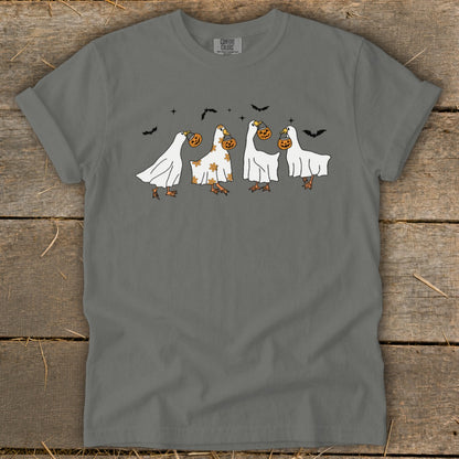 Ducks in ghost costumes holding pumpkins with bats in the sky.