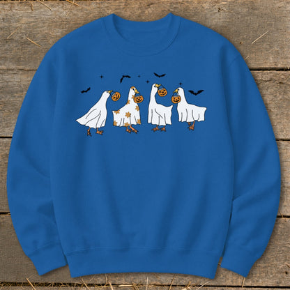 Blue sweatshirt with four cartoon ghosts holding pumpkins and bats flying above.