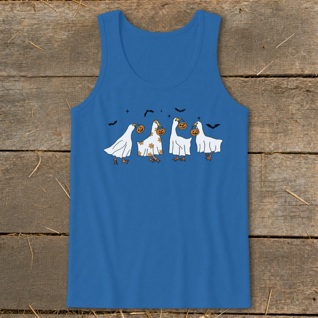 Blue tank top with four cartoon geese dressed as ghosts holding pumpkins.