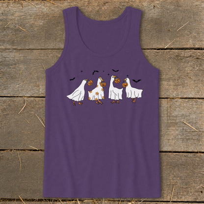 Purple tank top with four geese dressed as ghosts carrying pumpkins.