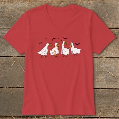 Red t-shirt with cartoon geese in ghost costumes holding pumpkins.