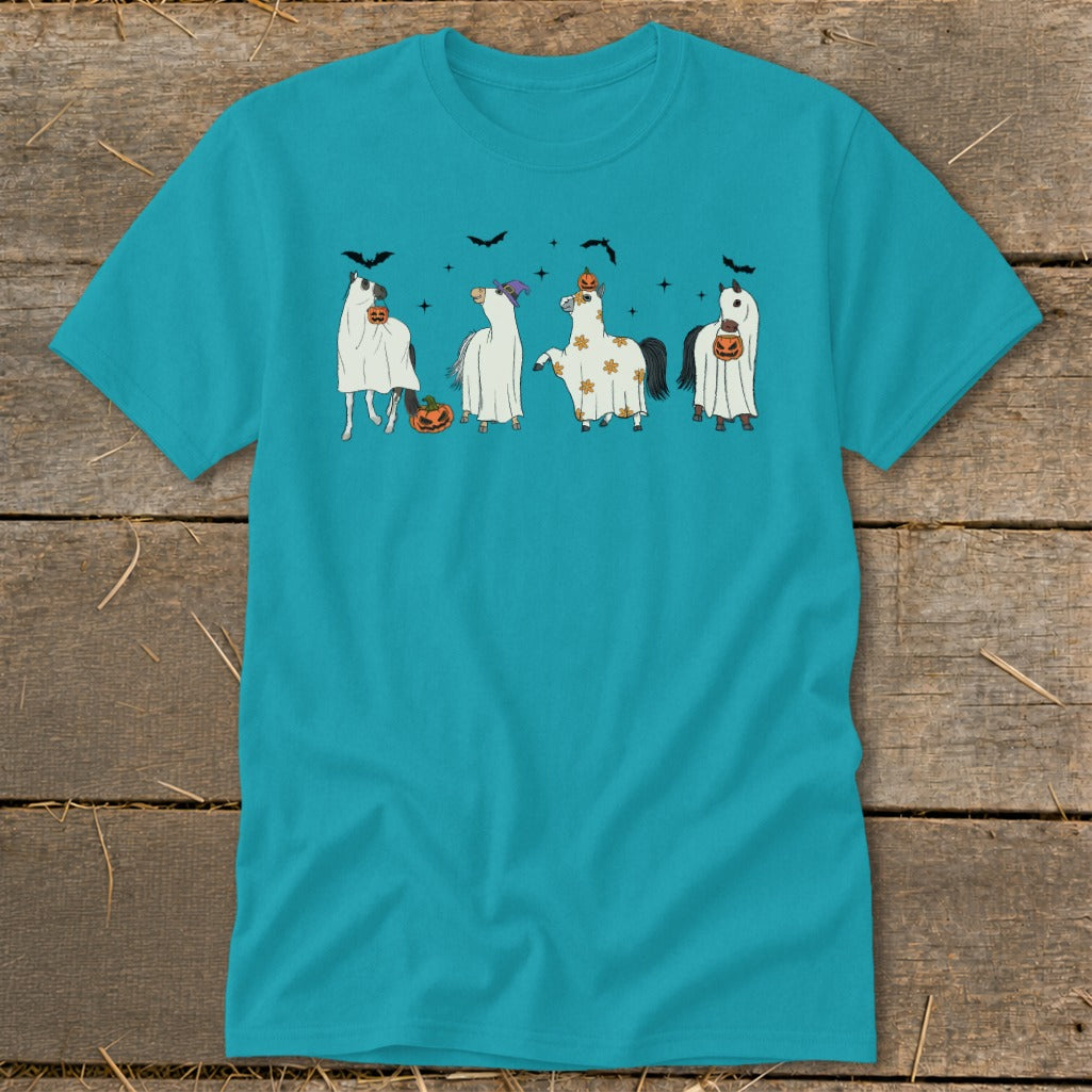 Teal t-shirt with four horses dressed as ghosts holding pumpkins.