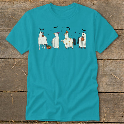 Teal t-shirt with four horses dressed as ghosts holding pumpkins.
